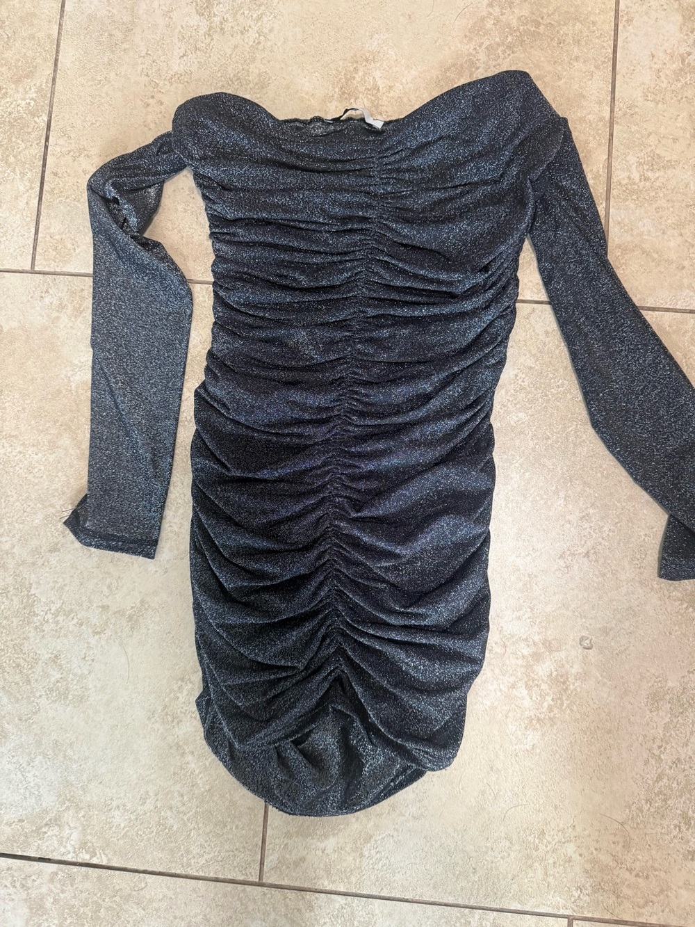 Adika Shimmery Black Ruched Off-Shoulder Long Sleeve Dress